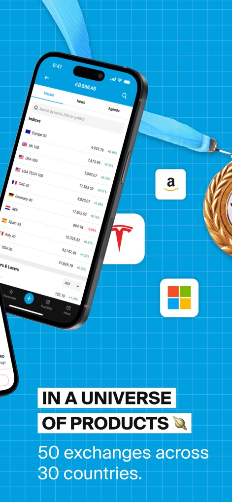 DEGIRO - Online Trading App - Explore the app's extensive list of global indices and an intuitive search bar, providing immediate access to a universe of investment products.