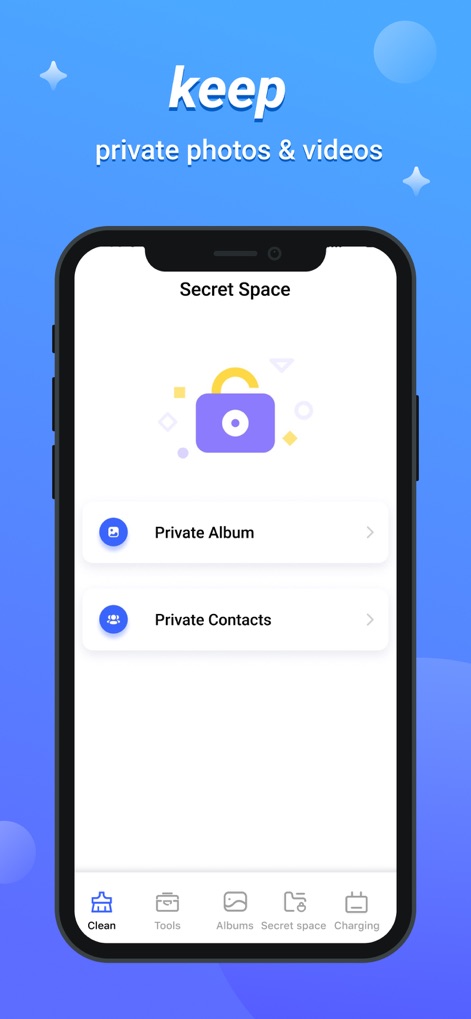 Powerful Cleaner-Clean Storage - The app offers a dedicated 'Secret Space' where users can discreetly manage their 'Private Album' and 'Private Contacts' for enhanced privacy.