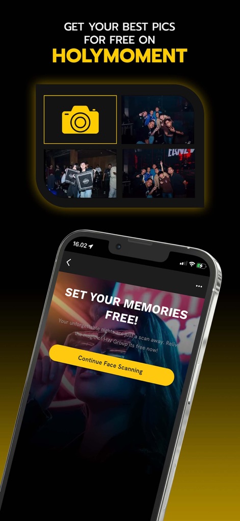 Holywings - 「HolyMoment」機能は、イベントの瞬間を捉えた写真のコラージュを表示し、「Continue Face Scanning」ボタンをタップすることで、ユーザーは自身の思い出を簡単に検索・保存できます。