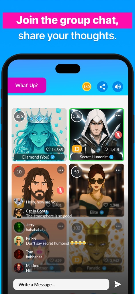 BlindID: Live & Group Chat - Diese Ansicht präsentiert die lebendige Hauptseite mit verschiedenen Benutzerkarten, die andere Teilnehmer zeigen, und einem direkten Eingabefeld für Nachrichten, um die Kommunikation zu starten.