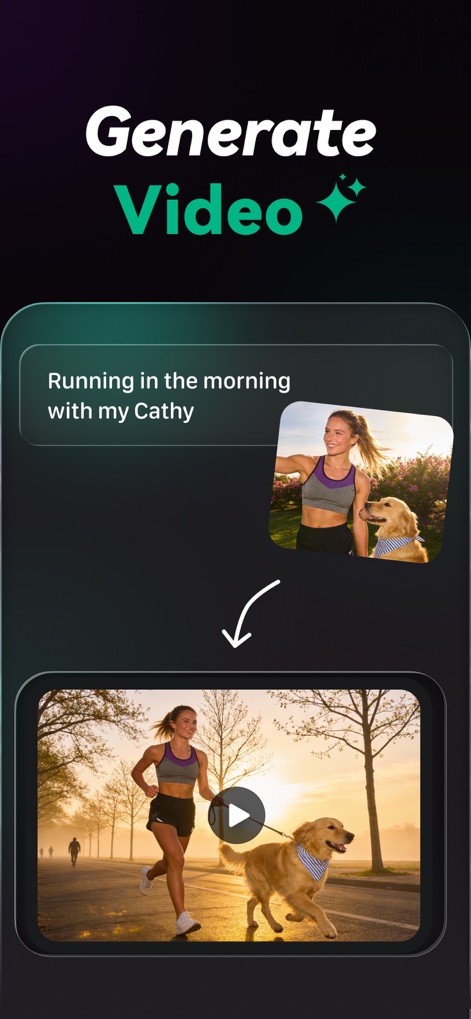 Chat AI 5: AI Agent & Video - La aplicación transforma descripciones textuales y elementos visuales en videos, como se demuestra al convertir una frase "Running in the morning with my Cathy" y una imagen inicial en una secuencia de video.
