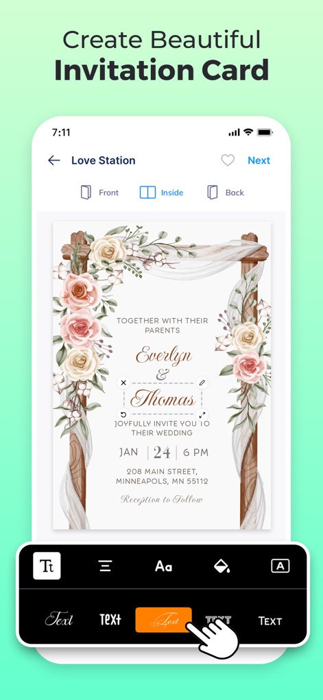 Invitation Maker - Invites4U - Esta herramienta muestra una interfaz de edición intuitiva, donde los usuarios pueden personalizar el texto de su invitación como se ve en la plantilla de boda, utilizando las opciones de formato de texto en la barra inferior.