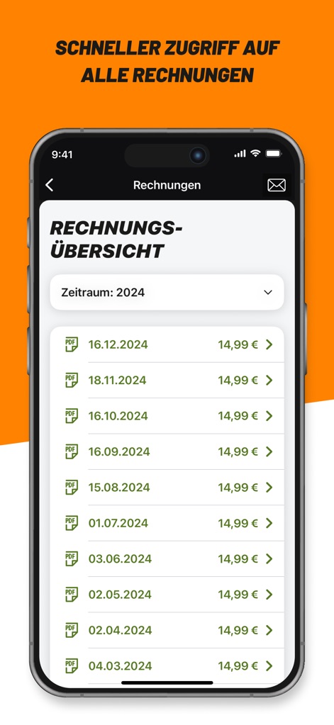 klarmobil - Users can easily access all past invoices with detailed dates and amounts, and conveniently filter them by period for clear financial tracking.