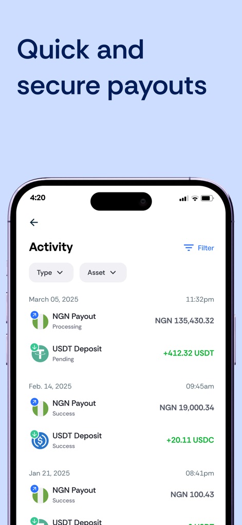 Xebar: Crypto to Cash in 60s - La section d'activité offre une vue détaillée des "Paiements NGN" et des "Dépôts USDT" effectués, permettant aux utilisateurs de suivre chaque étape de leurs transactions.