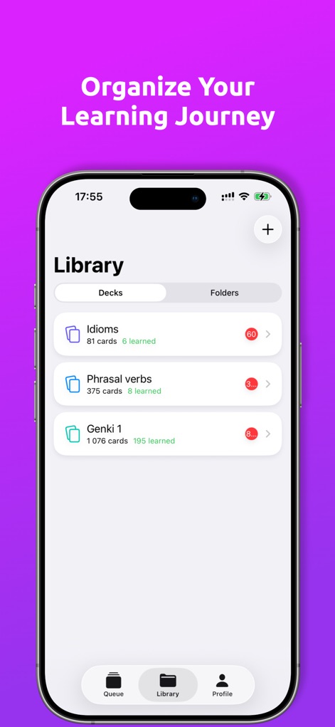 Azri - Flashcard App - Discover the app's powerful organizational features, with distinct tabs for 'Decks' and 'Folders' and clear indicators of card counts and learning progress.