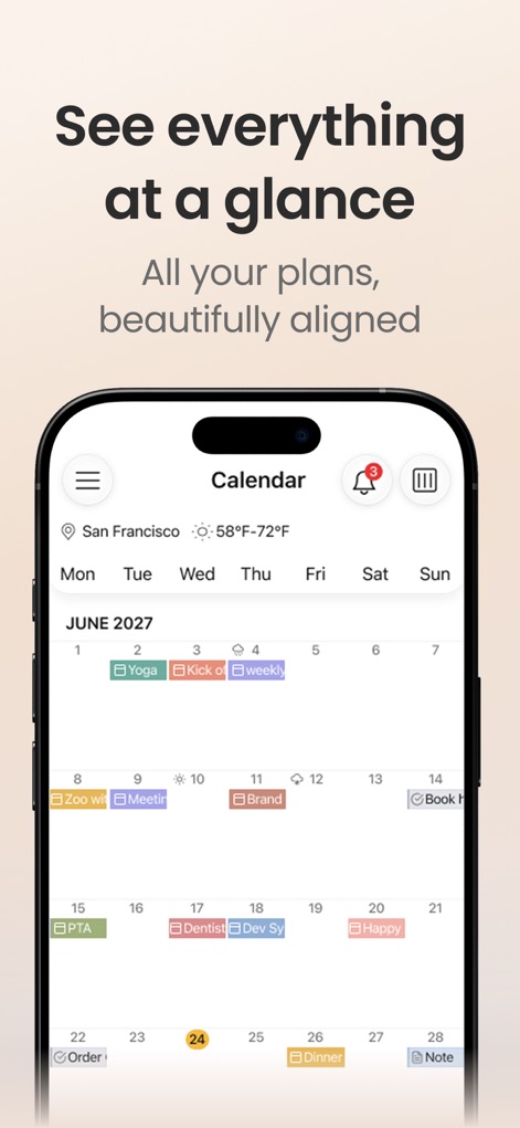 24me: Calendar・Planner & To Do - 月間カレンダーグリッドでは、ヨガや会議などのイベントが小さなカラーコードされたタグで視覚的に整理されており、ユーザーは全体のスケジュールを一目で把握できます。