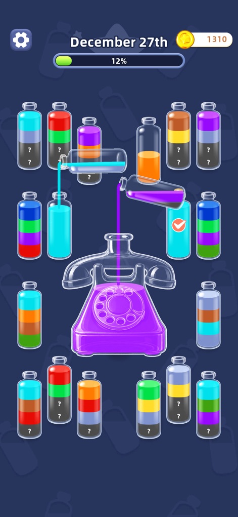 Water Jam Sort - Match Puzzle - Observe an intricate level layout centered around a distinctive telephone-shaped bottle, with various colored liquids actively being transferred between containers, highlighting complex pouring mechanics.