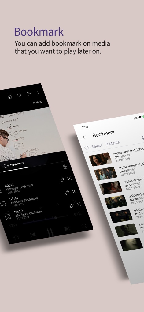 KMPlayer - Esta tela exibe a gestão de marcadores, permitindo visualizar os pontos de tempo salvos em um vídeo e selecionar e gerenciar vários arquivos de mídia marcados, garantindo acesso rápido e organizado ao conteúdo.