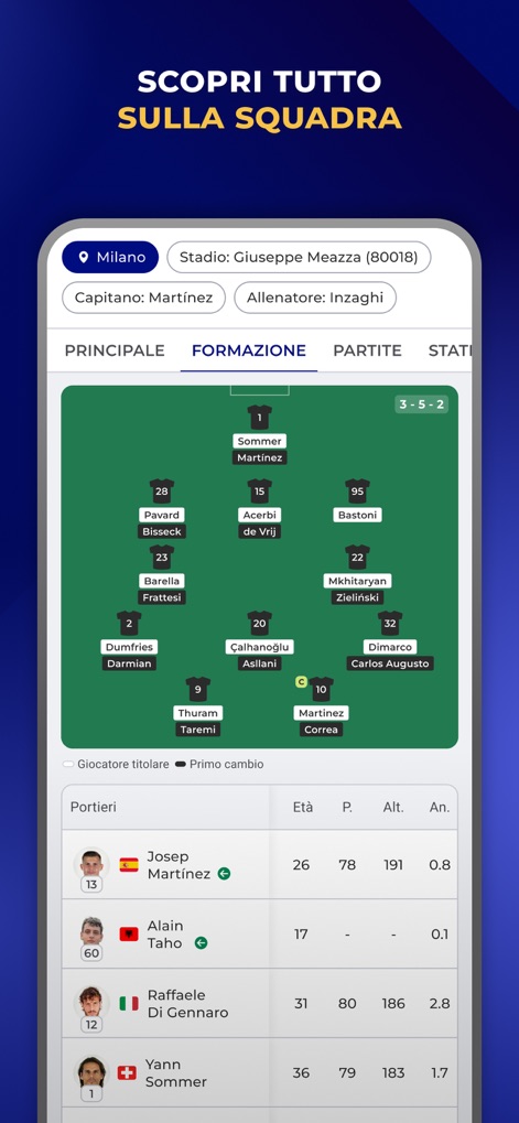 Inter Live - News & Matches - Dieser Screenshot visualisiert die aktuelle Teamformation im '3-5-2'-System mit detaillierten Spielerpositionen auf dem Feld und bietet darunter eine umfassende Kaderübersicht mit Spielerdaten.