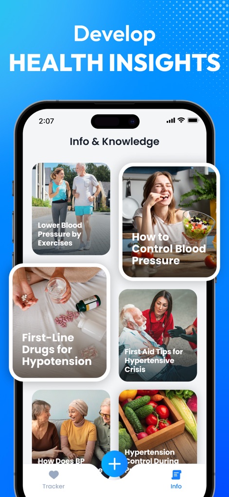 Blood Pressure App-BP Tracker - Diese Ansicht präsentiert eine Sammlung von Artikeln zu Themen wie Blutdruckkontrolle durch Übungen und bietet nützliche Informationen zu Erste-Hilfe-Maßnahmen bei Krisen.