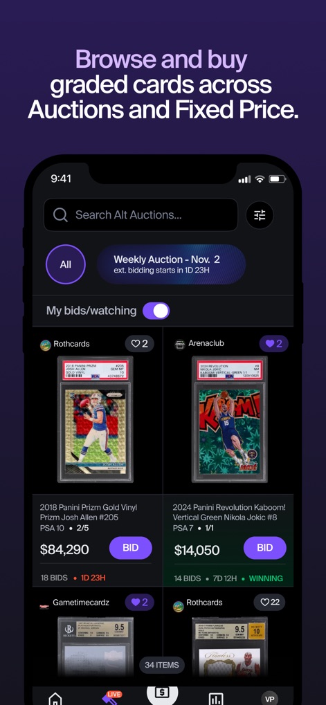 Alt: Buy & Sell Cards - La piattaforma offre agli utenti la possibilità di esplorare aste settimanali, come indicato dal filtro "Weekly Auction - Nov. 2", e visualizzare carte gradate di alto valore con offerte attive.