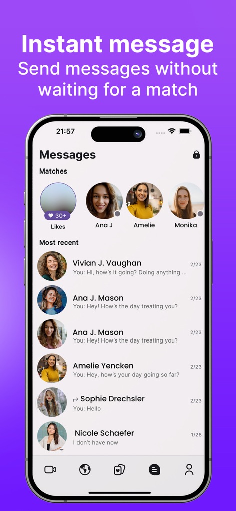 Ravi: Video Chat, Meet Singles - Les utilisateurs peuvent initier des conversations directes sans correspondance préalable et consulter un aperçu de leurs échanges récents et de leurs likes.