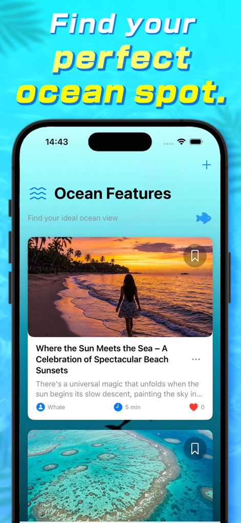 Whale: Video Chat & Adventure - La section "Ocean Features" présente des articles captivants sur les merveilles marines, comme "Where the Sun Meets the Sea", enrichis par des images visuellement attrayantes.