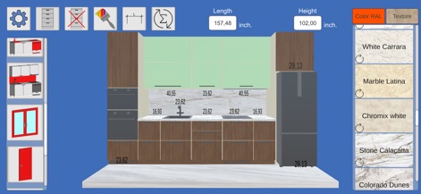 Kitchen Editor 3D: Design App - Discover a wide array of surface options, from elegant 'White Carrara' marble to vibrant color selections for wall cabinets, enhancing design flexibility.