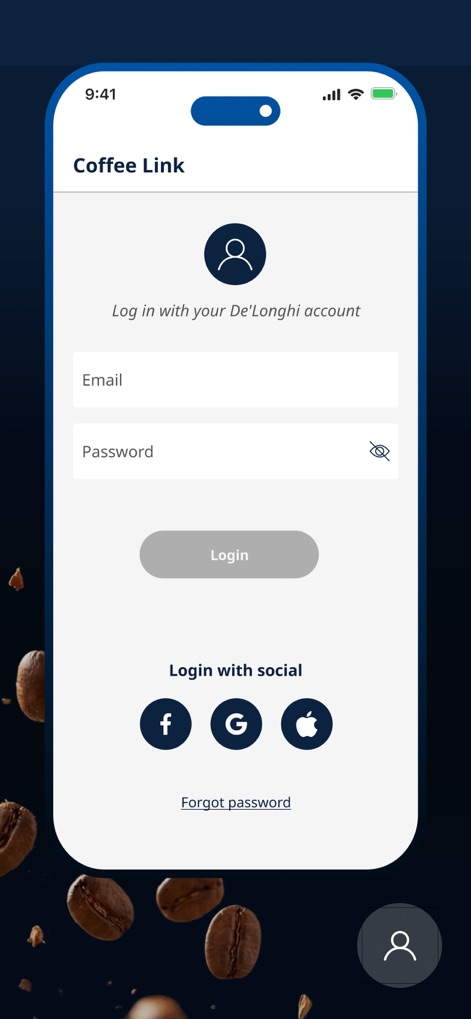 De'Longhi COFFEE LINK - Diese Ansicht zeigt den Anmeldebildschirm, über den sich Nutzer sicher mit ihrer E-Mail-Adresse und ihrem Passwort einloggen oder alternative Social-Media-Optionen wie Google und Apple für eine schnelle Registrierung nutzen können.