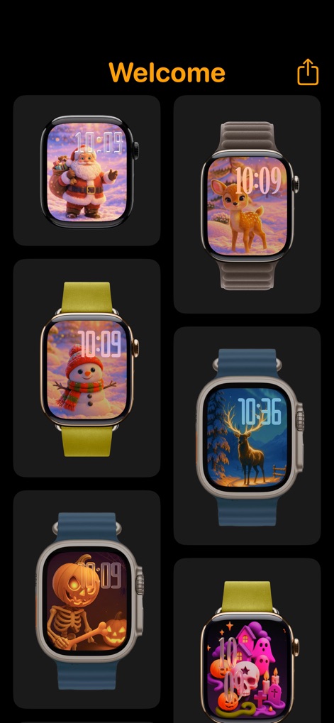 Watch Faces Gallery & Themes - This view presents a collection of festive watch faces, including charming seasonal themes and whimsical character designs perfect for holiday personalization.
