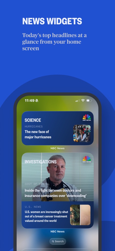 NBC News: Breaking & US News - Cet outil permet aux utilisateurs de personnaliser leur écran d'accueil avec des widgets d'actualités thématiques comme "SCIENCE" et "INVESTIGATIONS", offrant un aperçu rapide des gros titres.