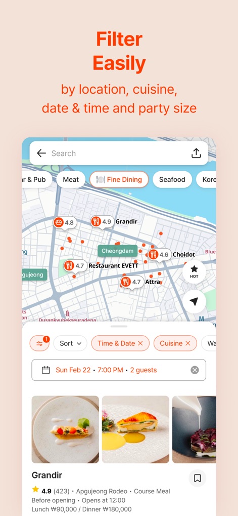 CATCH TABLE: Book Restaurants - Users can refine their restaurant search using multiple "filters for cuisine, date, and party size", presented clearly on a "map-based interface".