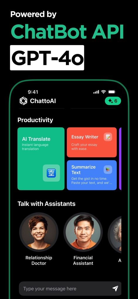 Chatto - AI Chat & AI Chatbot - La schermata mostra l'integrazione delle avanzate tecnologie GPT-40 per un'esperienza di chat superiore, e la sezione "Productivity" evidenzia strumenti come "AI Translate" e "Essay Writer".