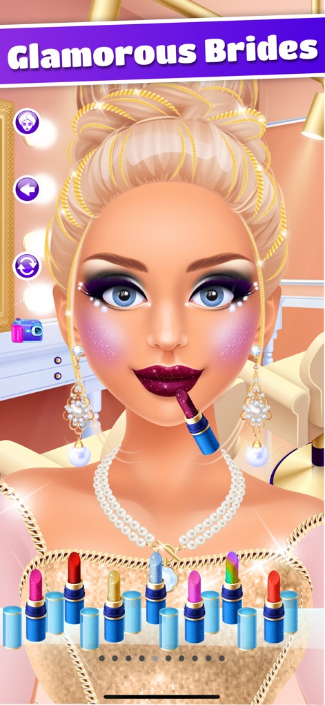 Wedding Makeover: Salon Games - Users can create truly glamorous looks, showcasing the application of sparkling glitter lipstick and exquisite pearl necklaces.