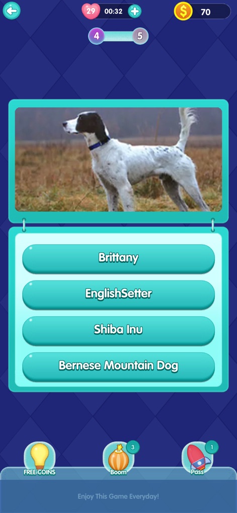 QuizTime - Trivia - 特定の犬種の画像（イングリッシュセッター）が表示され、ユーザーは4つの犬種名の中から正しい選択肢を選ぶことで、動物に関する知識を楽しく試すことができます。