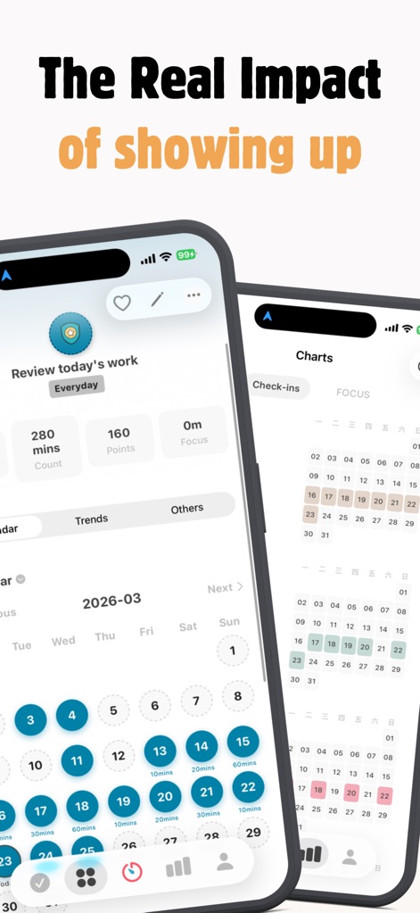ShineDay: Micro Habit Tracker - Users can track their habit journey with both a detailed daily calendar view showing specific habit completions and a striking yearly heatmap that highlights consistency over time.