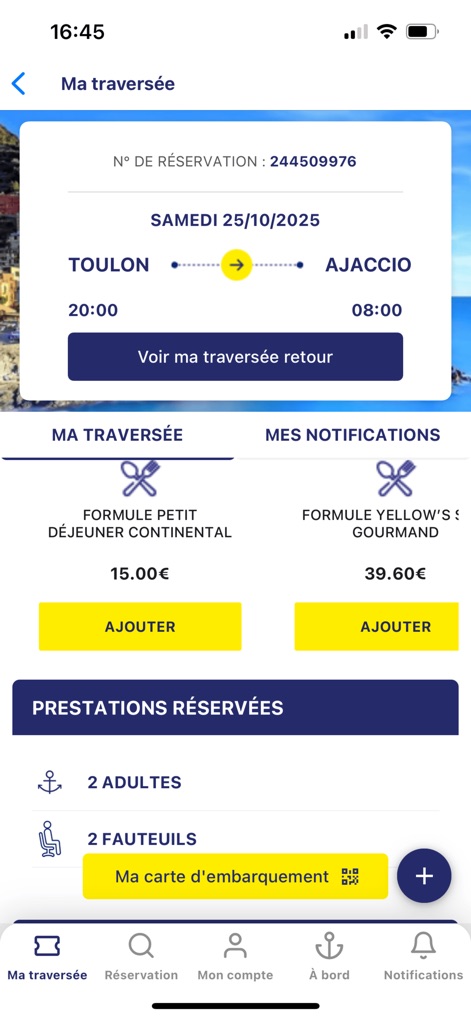 Corsica Ferries - This screen consolidates all trip details, from route information like 'TOULON -> AJACCIO' to options for additional services such as 'FORMULE PETIT DÉJEUNER CONTINENTAL' and seat selections.