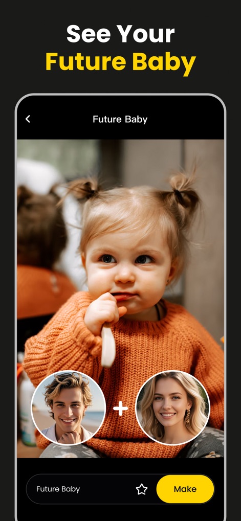 AI Movie Generator - KakaPic - 2人の顔を合成して未来の赤ちゃんの顔を生成する機能で、ユーザーは視覚的にその結果を確認できます。