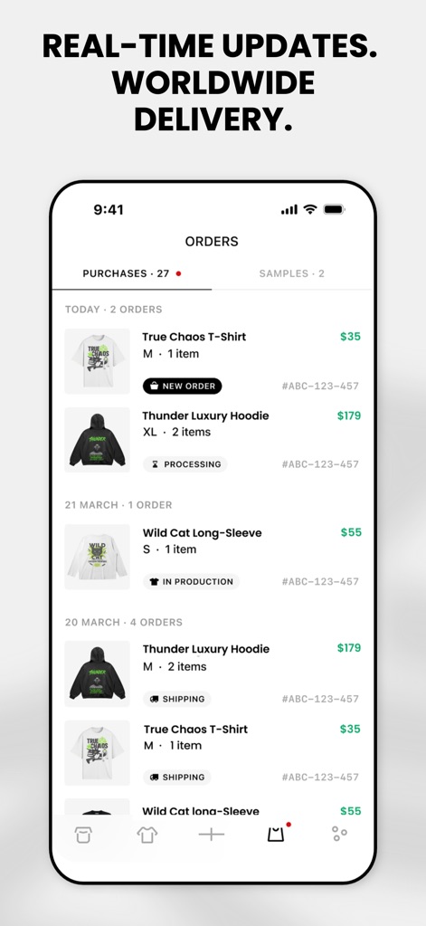 FLYP - Fashion Design Studio - This tool showcases its streamlined order management system, providing users with real-time purchase updates and clear item statuses like 'Processing' and 'Shipping'.