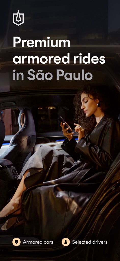 Rhino: Premium armored rides - 이 앱은 상파울루의 도심 환경에서 높은 안전 기준을 보여주는 방탄 차량과 엄선된 운전자를 강조합니다.