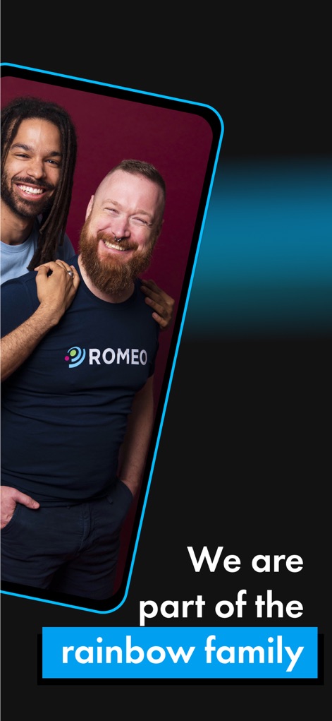 ROMEO - Gay Dating & Chat - The app proudly showcases its inclusive community through supportive imagery and explicit messaging like 'rainbow family', fostering a welcoming environment for all users.