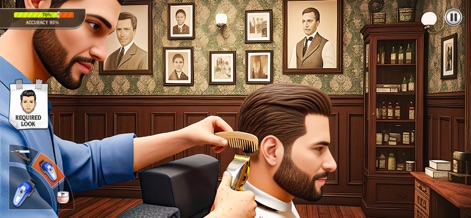 Barber Shop Hair Cut Salon 3D - Nesta imagem, observa-se o uso combinado de pente e máquina para um corte de cabelo detalhado, ambientado nos detalhes da barbearia clássica, como os quadros na parede.