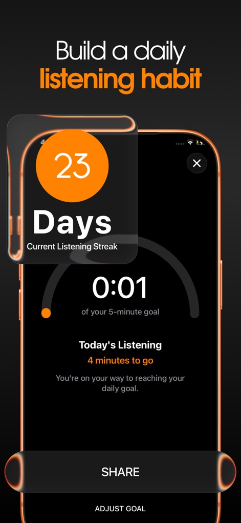Quranify: Quran Audio Player - The app motivates consistent engagement with a clear "Current Listening Streak display" and an intuitive "daily listening goal progress" tracker to foster healthy habits.