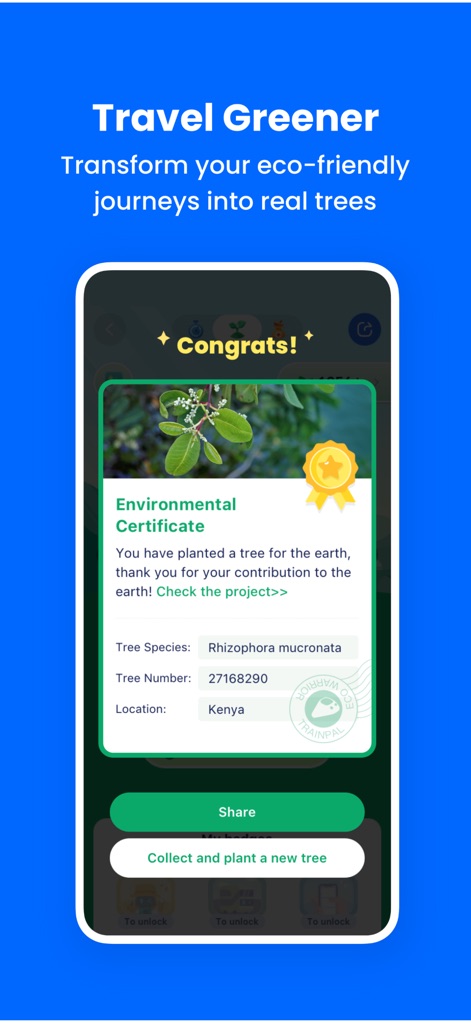 TrainPal: UK& EU train tickets - Dieses Tool motiviert zum umweltfreundlichen Reisen, indem es ein „Environmental Certificate“ vergibt und detaillierte Informationen über den gepflanzten Baum, wie dessen Art und Standort in Kenia, bereitstellt.