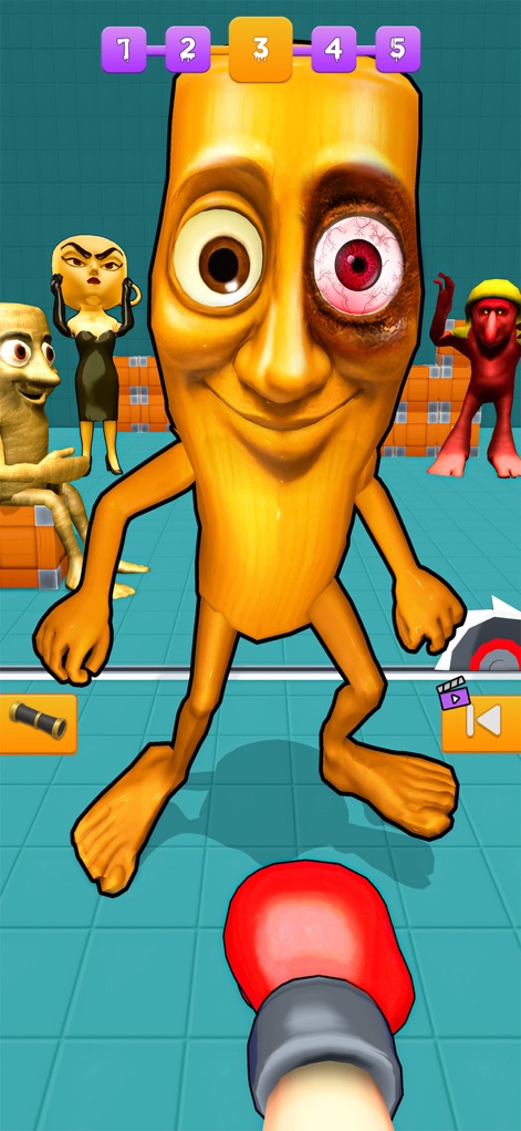 Rapid Punch Hero! - La aplicación muestra un personaje central con un ojo amoratado y una expresión cómica, enfrentándose a enemigos variados como la figura momificada y la mujer elegante, en un campo de batalla vibrante.