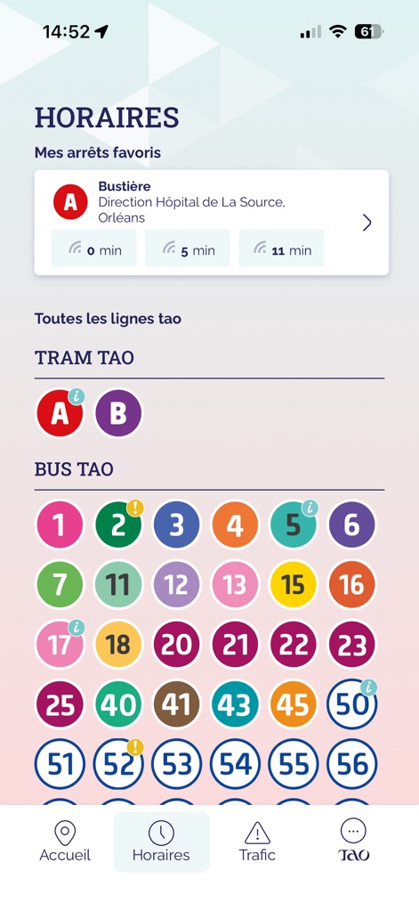 Tao Orléans - Gli utenti possono visualizzare i prossimi orari di partenza dalle fermate preferite, come 'Bustière' con minuti in tempo reale, e accedere a un elenco completo di tutte le linee Tao, sia Tram che Bus.