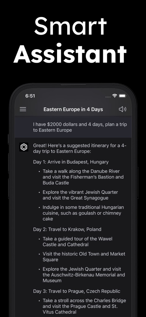 ChatPlus: AI Chatbot Assistant - Experience the app's intelligent assistant features, delivering well-organized information such as the 'Eastern Europe in 4 Days' plan and actionable travel suggestions.