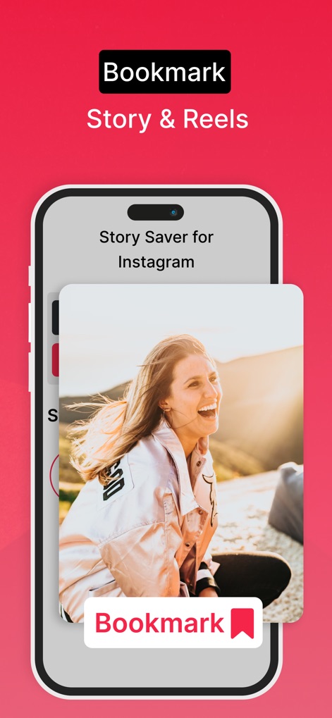 InstaSaver - Video Saver - The app simplifies saving content by displaying a prominent "Bookmark" button over media and clearly labeling the 'Story Saver for Instagram' functionality.