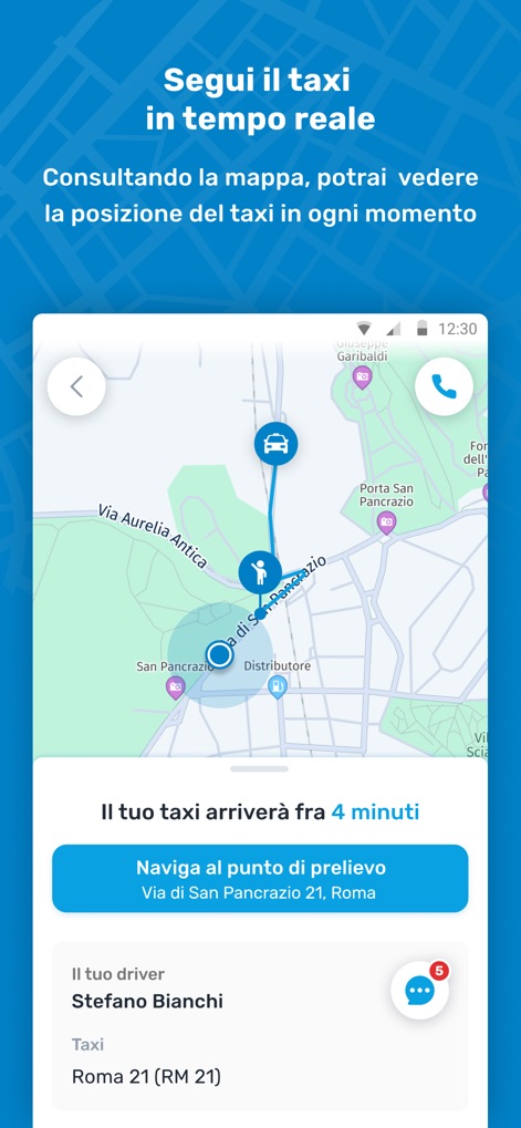 itTaxi - Users benefit from real-time visualization of their taxi's location on a dynamic map, complete with an estimated arrival time countdown.