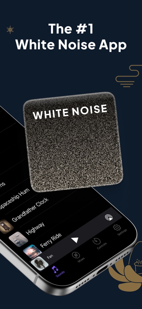 White Noise Deep Sleep Sounds - Esta pantalla destaca la popularidad de la aplicación como "The #1 White Noise App", presentando el sonido "WHITE NOISE" en primer plano y las opciones de navegación en la parte inferior.