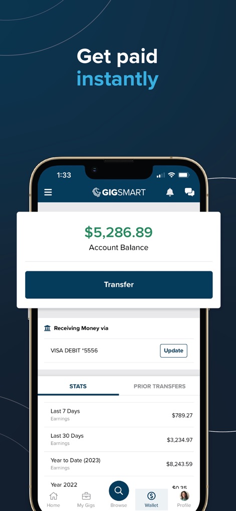 GigSmart Get Gigs - Gli utenti hanno accesso a un pratico 'Wallet' che mostra il loro "Account Balance" totale di $5,286.89 e fornisce una panoramica chiara dei guadagni con statistiche come "Last 7 Days Earnings" per un controllo finanziario immediato.