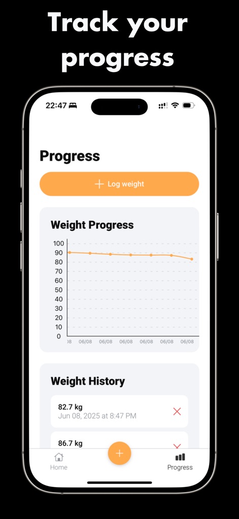 Meshitora: Track My Calories - Questo strumento visualizza l'andamento del peso attraverso il 'grafico di progresso' e un dettagliato 'storico del peso', offrendo una chiara visione degli obiettivi raggiunti.