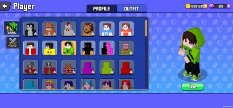 Craft Explore: Block Builder - See how users can personalize their blocky characters, exploring a wide range of "Skins" and "Outfits" from the "Player" menu.