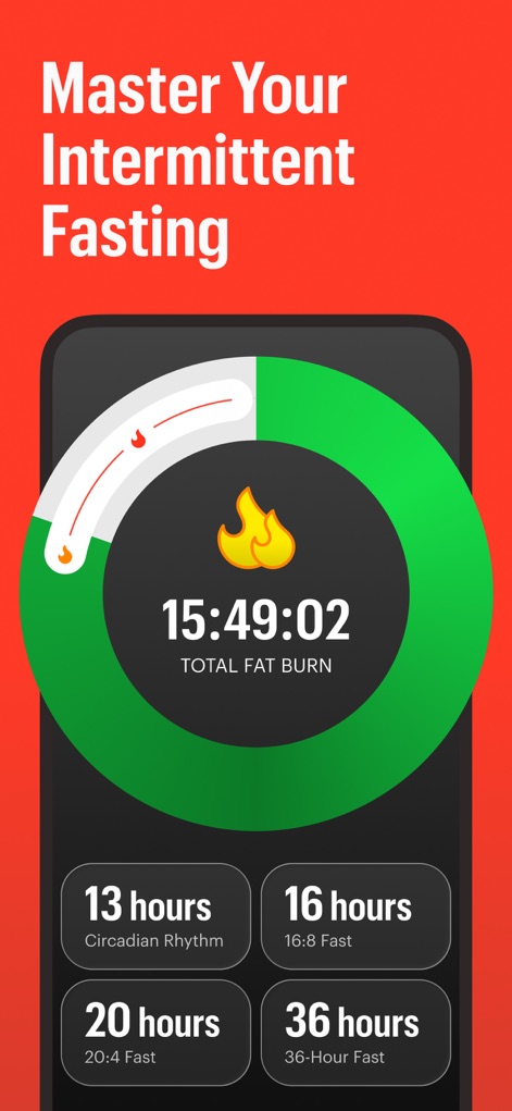Zero: Fasting & Food Tracker - Explore the intuitive fasting interface, featuring a dynamic 'TOTAL FAT BURN' timer and various preset fasting duration options for personalized routines.