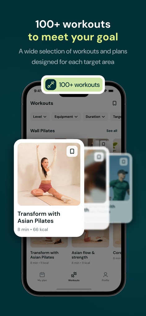 My Personal Challenge - Explore the app's extensive library of over "100+ workouts" and discover tailored programs like "Transform with Asian Pilates" designed to meet specific fitness goals.