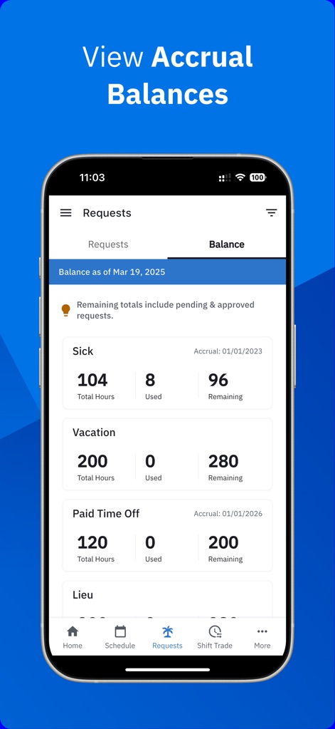 Workcloud Shift - The app provides a comprehensive overview of "Sick" and "Vacation" accrual balances, including total, used, and remaining hours.