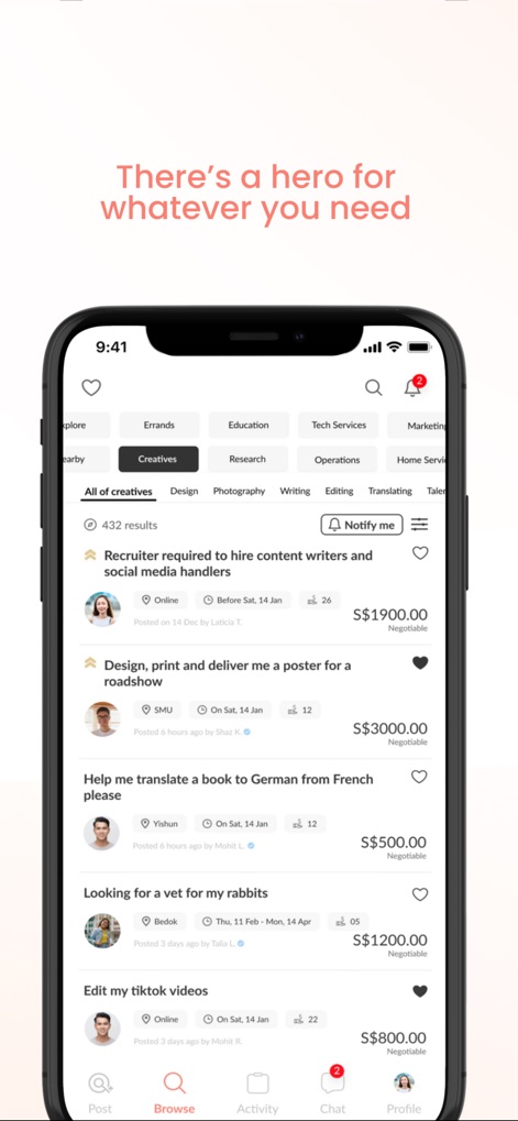Quest - Hire a Hero - Os usuários podem explorar uma vasta gama de serviços, com categorias bem definidas como "Creatives" e uma lista de "quests" disponíveis, cada uma com seu preço e detalhes.