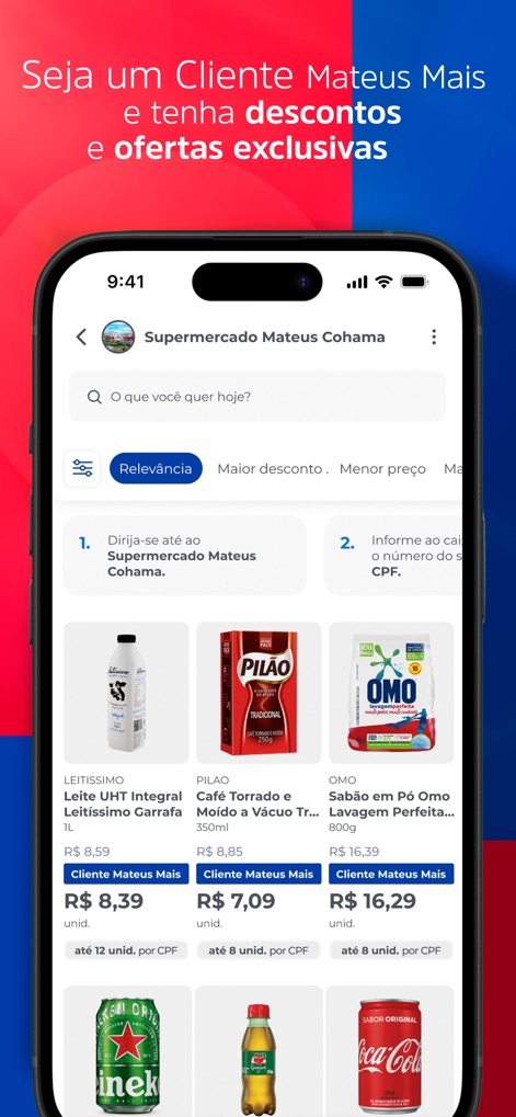 Mateus Mais - A visualização de produtos ressalta os 'descontos exclusivos' para clientes Mateus Mais e fornece instruções claras sobre como informar o 'número do CPF' no caixa para validar as ofertas.