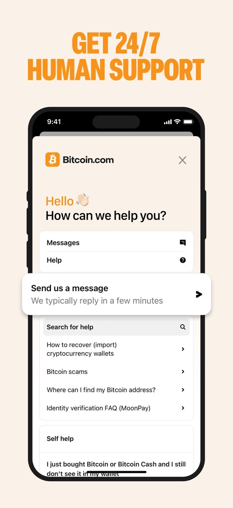 Bitcoin.com Wallet: Buy, sell - Access responsive assistance through the 'Send us a message' feature and quickly find solutions using the comprehensive 'Search for help' bar.