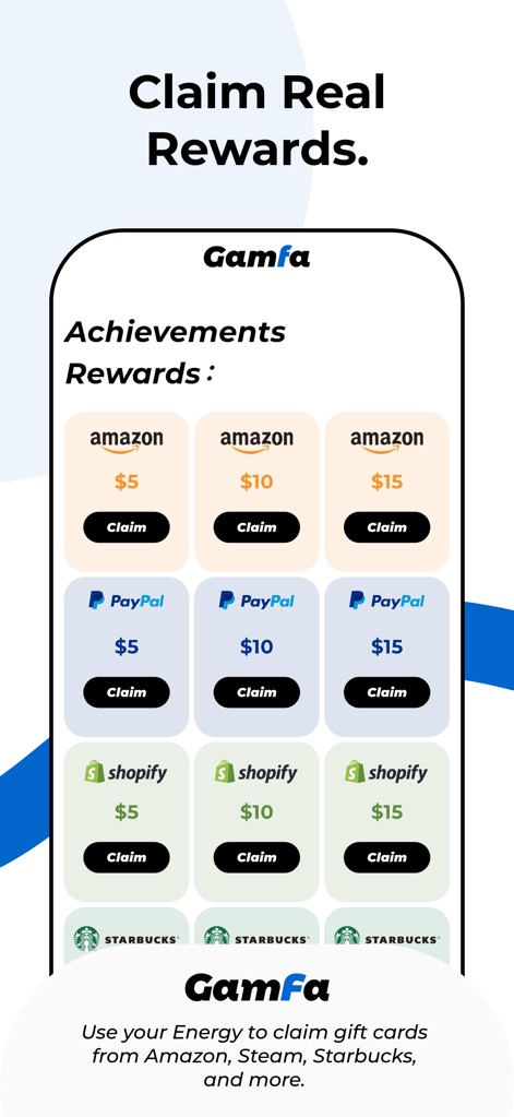 GamFa: Notes, Games & Perks - This screen illustrates the diverse "Achievements Rewards" available, including gift cards from major brands like "Amazon" and "PayPal".